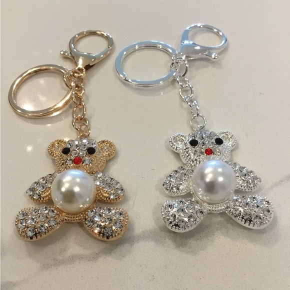 2 for $14 Teddy Bear w/Pearl Tummy Sparkling Gold & Silver Keychain Bag Charm - Picture 1 of 1